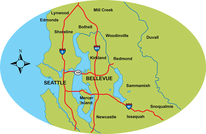 drawing of Seattle and Eastwide neighborhoods to illustrate service area for A Fine Design